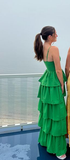 Green Spaghetti Straps Layered Long Prom Dress HZ1023