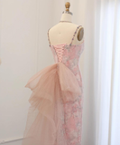 Pink Sheath Spaghetti Straps Rhinestone Sequin Tulle Prom Dress Evening Dress with Bow HZ1023