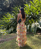 Stunning Print Floral A Line Straps Ruffle Chiffon Prom Dress Party Dress HZ1023