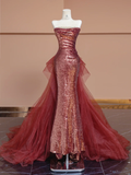 Shiny Mermaid Strapless Red Sequin Tulle Long Prom Dress Party Dress HZ1023