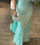 Luxurious Sheath One Shoulder Beaded Feather Long Prom Dress Evening Dress HZ1023
