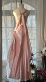 Classy A Line V Neck Beaded Pink Chiffon Satin Long Party Dress Evening Dress HZ1023