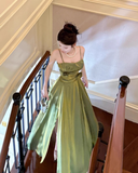 Green A Line Straps Floral Satin Prom Dress Evening Dress Formal Dress HZ1023
