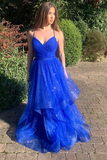 Royal Blue Tulle Long Prom Dress Spaghetti Straps Evening Dress HZ1023