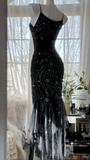 Gorgeous Mermaid Spaghetti Strap Beaded Black Chiffon Party Dress Evening Dress HZ1023