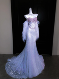 Exquisite Beaded Silver Sequin Mermaid Feather Tulle Date Dress Evening Dress Prom Dress HZ1023