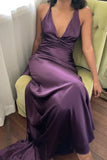 Simple A Line Halter Purple Satin Open Back Prom Dress Evening Dress HZ1023