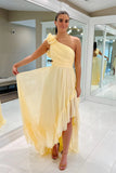 Light Yellow A Line One Shoulder Floral Chiffon Long Wedding Guest Dress Evening Dress HZ1023