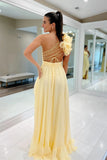 Light Yellow A Line One Shoulder Floral Chiffon Long Wedding Guest Dress Evening Dress HZ1023