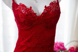 Sexy Sheath Spaghetti Strap Red Lace Chiffon Party Dress Evening Dress HZ1023