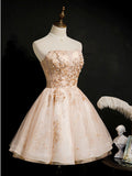 Strapless Champagne Beaded Tulle Short Prom Dress Homecoming Dress HZ1023