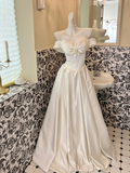 White Classy Ball Gown Off the Shoulder Pearl Satin Long Prom Dress Wedding Dress HZ1023