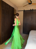 Classic Green A Line V Neck Satin Long Prom Dress Party Dress HZ1023