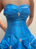Princess A Line Sweetheart Neck Beaded Rhinestone Blue Satin Long Prom Dress Evening Dress HZ1023