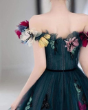 Unique Off The Shoulder Tulle Appliques Long Evening Dress Formal Prom Dress HZ1023