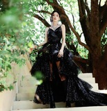 Sexy Ball Gown Spaghetti Straps Black Sequin Layered Tulle Prom Dress Evening Dress 16th Birthday Dress HZ1023