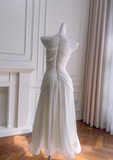 Elegant White A Line Halter Pearl Pleated Chiffon Prom Dress Vacation Dress HZ1023