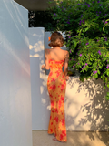 Sexy Sheath Spaghetti Straps Orange Print Floral Satin Long Prom Dress Outfits HZ1023