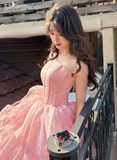 Pink Ball Gown Strapless Corset Layered Organza Prom Dress 16th Birthday Dress HZ1023