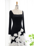 Elegant Long Sleeve 3D Floral Satin Long Prom Dress Evening Dress HZ1023