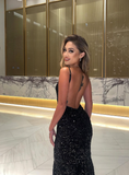 Unique Mermaid Spaghetti Strap Black Sequin Open Back Long Sweep Prom Dress HZ1023