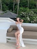 Elegant White Sheath Spaghetti Strap Lace Satin Long Prom Dress Vacation Dress with Slit HZ1023