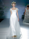 Elegant A Line Small Flying Sleeves White Lace Satin Tulle Long Evening Dress Wedding Dress HZ1023