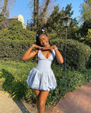 Baby Blue Flower Bud A Line V Neck Satin Chiffon Mini Homecoming Dress Cocktail Dress HZ1023