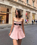 Cute Pink A Line Spaghetti Strap Black Lace Satin Homecoming Dress Cocktail Dress Outfits HZ1023