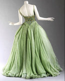 Vintage Ball Gown A Line Spaghetti Strap Beaded Pleated Green Tulle Party Dress Evening Dress HZ1023