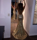 Golden Mermaid Spaghetti Strap Sequin Open Back Long Party Dress Evening Dress HZ1023
