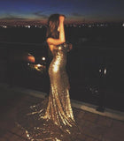 Golden Mermaid Spaghetti Strap Sequin Open Back Long Party Dress Evening Dress HZ1023
