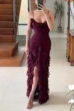Burgundy Brick Sheath Spaghetti Straps Layered Chiffon Long Prom Dress Evening Dress with Slit HZ1023