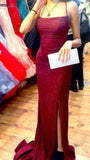 Stunning Burgundy Mermaid Spaghetti Straps Sequin Long Prom Dress Evening Dress with Slit HZ1023
