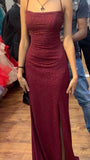 Stunning Burgundy Mermaid Spaghetti Straps Sequin Long Prom Dress Evening Dress with Slit HZ1023