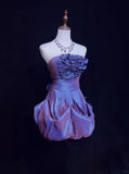 Vintage A Line Strapless Flower Purple Satin Mini Homecoming Dress Cocktail Dress HZ1023