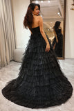 Black A Line Sweetheart Layered Tulle Prom Dress With Slit HZ1023
