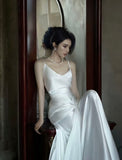 Simple White Mermaid Spaghetti Strap Satin Open Back Prom Dress Party Dress HZ1023