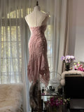 Cute Mermaid Spaghetti Strap Beaded Ruffle Pink Chiffon Short Homecoming Dress Birthday Dress HZ1023