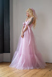 Star Sequin Pink A Line Straps Layered Tulle Date Dress Prom Dress Evening Dress HZ1023