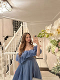 Princess Blue A Line Off the Shoulder Organza Prom Dress 16th Birthday Dress Date Dress with Slit HZ1023