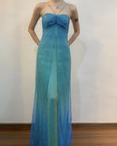 Vintage A Line Halter Blue Chiffon Satin Long Prom Dress Graduation Prom Dress HZ1023