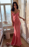 Gentle Coral Pink Mermaid Spaghetti Strap Satin Long Prom Dress Formal Gown HZ1023