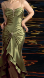 Retro Green Mermaid Spaghetti Strap Beaded Satin Prom Dress Evening Dress HZ1023