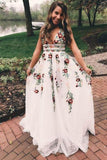 V-neck Sexy Floral Embroidered Long Prom Dresses HZ1023