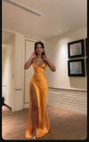 Bright Orange Mermaid Spaghetti Strap Satin Prom Dress Party Dress with Slit HZ1023