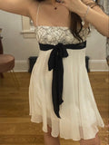 Vintage A Line Spaghetti Straps Black Bow White Chiffon Mini Homecoming Dress Cocktail Dress HZ1023