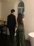 Dark Green Mermaid Spaghetti Strap Satin Prom Dress Wedding Guest Dress Date Dress HZ1023