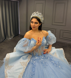 Romantic Poofy Baby Blue Floral Puff Sequin Tulle Ball Gown Quinceanera Dress HZ1023