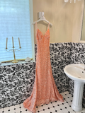 Shiny Orange Mermaid Spaghetti Strap Sequin Open Back Evening Dress Prom Dress HZ1023